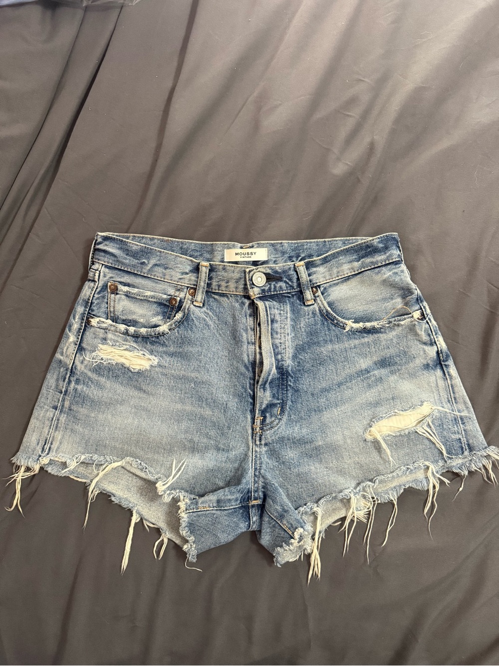 MOUSSY Denim - Medium Blue Distressed High-Rise Denim Shorts